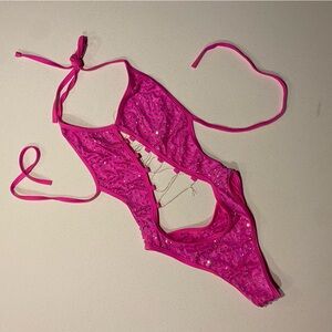 Neon Hot Pink Rhinestone Exotic Bodysuit